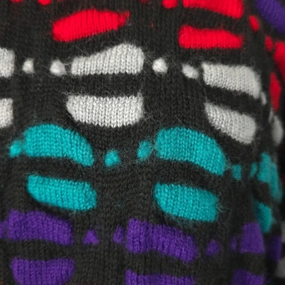 Ossi Skiwear Vintage 80s Black Red Purple Mock-Neck Chunky Wool Sweater- Men's L